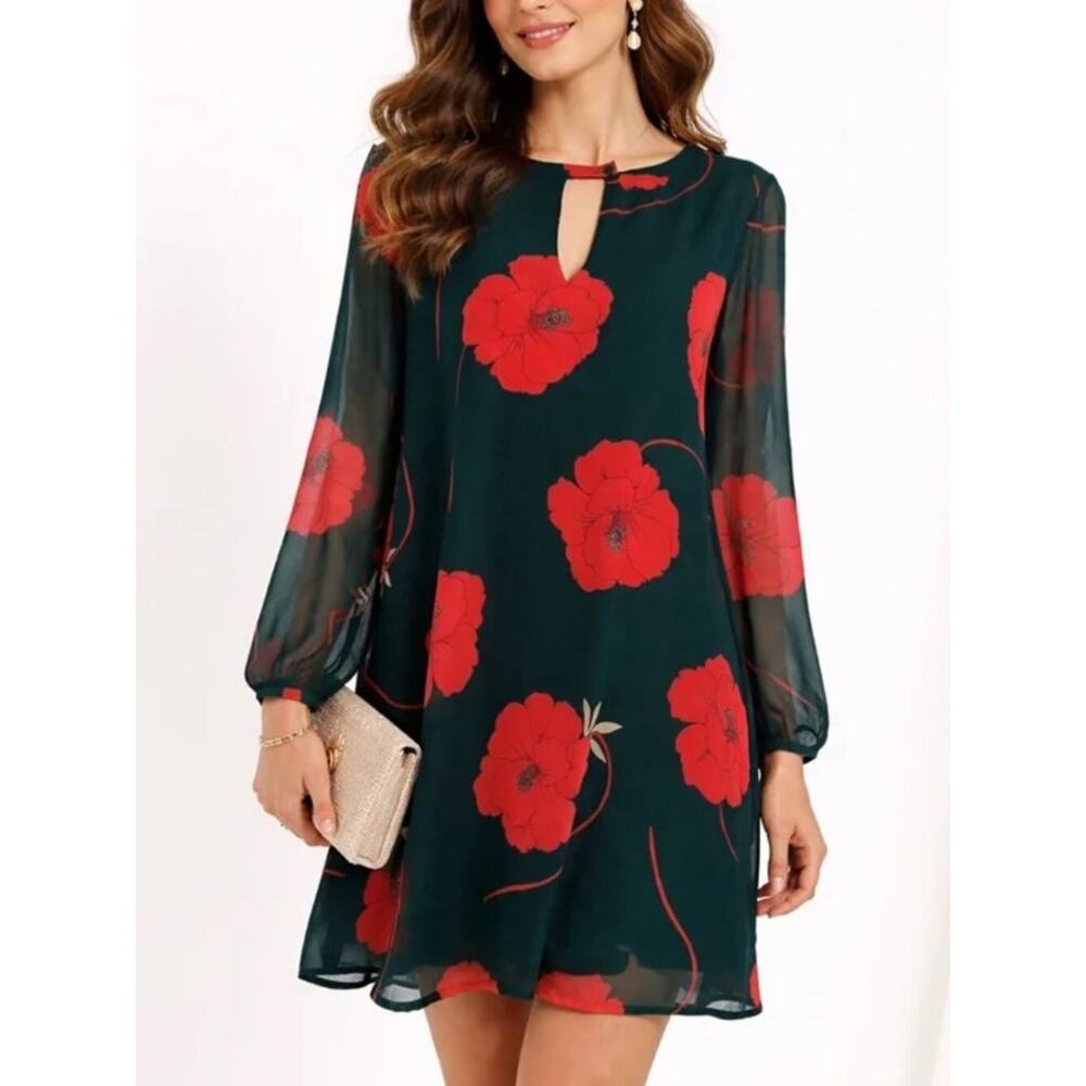 Cupcakes & Cashmere Shift Dress, Sz S, long sleeve, poppy floral print